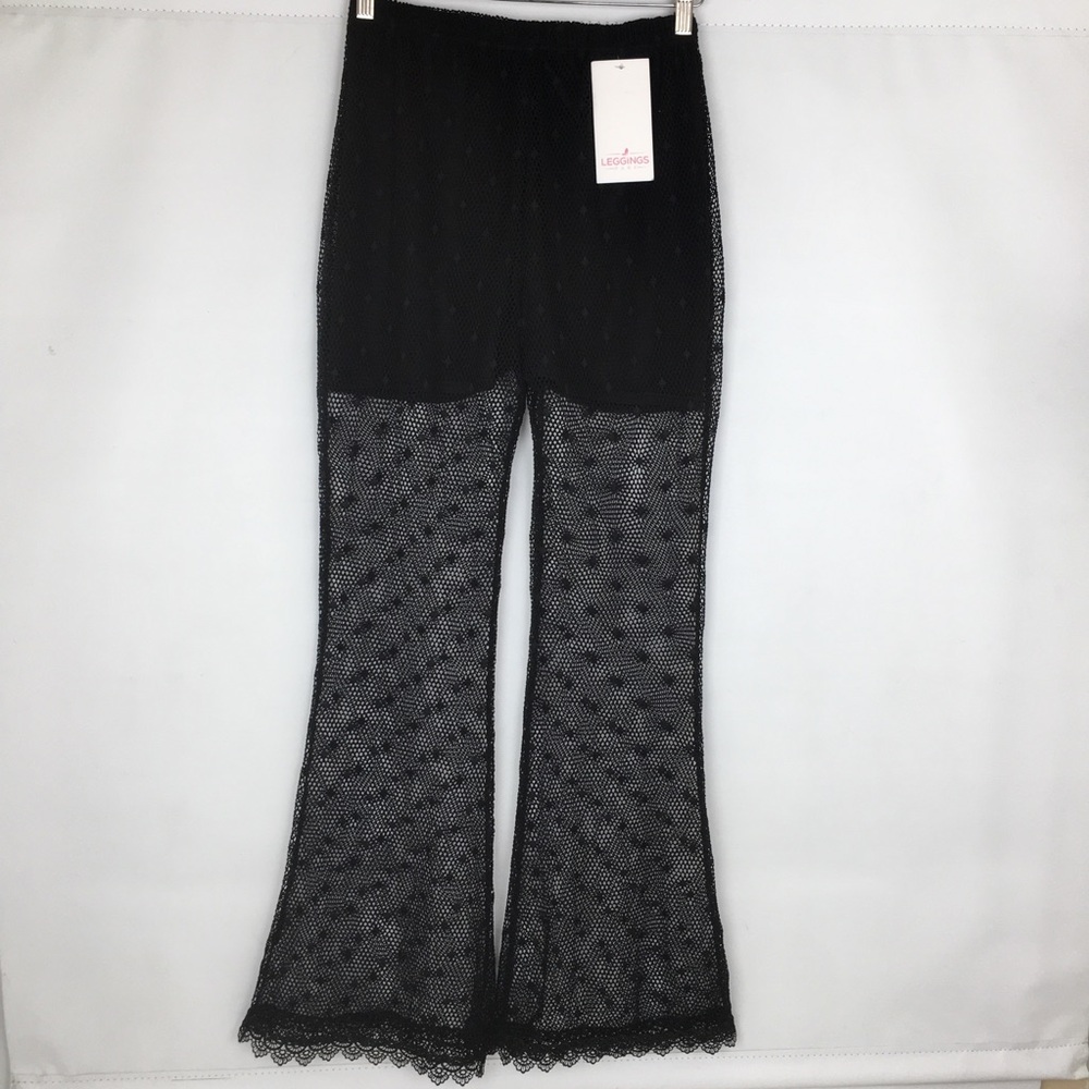 Women's Mesh Flare Pants High Waisted Sheer Bell Bottom Black NEW One Size Rave